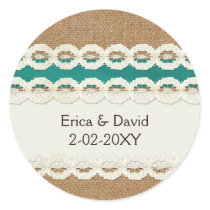 Teal Rustic burlap and lace country wedding Classic Round Sticker