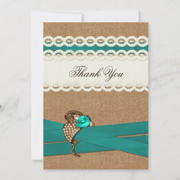 Teal Rustic burlap and lace country wedding Invitation