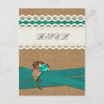 Teal Rustic burlap and lace country wedding Invitation Postcard