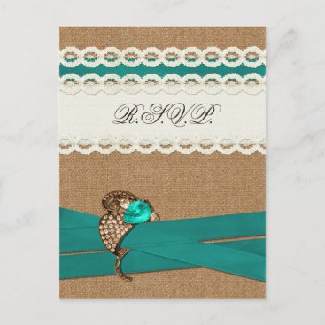 Teal Rustic burlap and lace country wedding Invitation Postcard