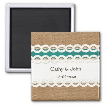 Teal Rustic burlap and lace country wedding Magnet
