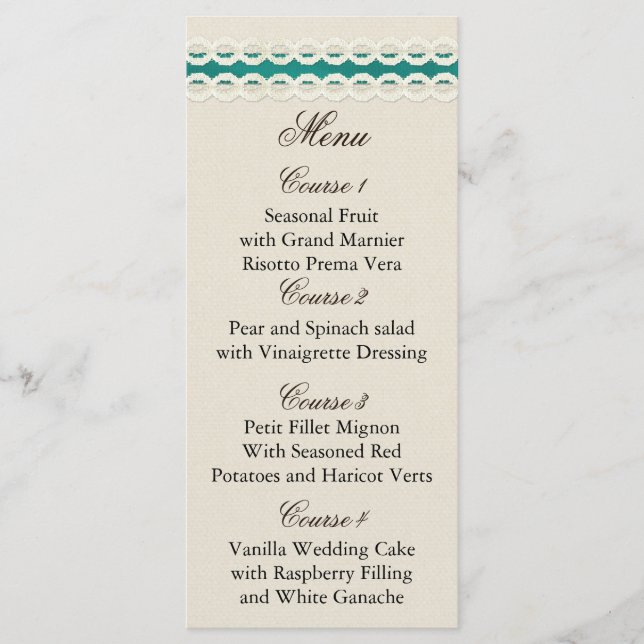 Teal Rustic burlap and lace country wedding Menu (Front)
