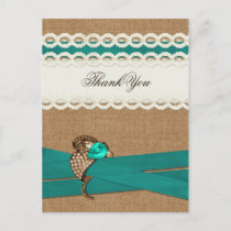 Teal Rustic burlap and lace country wedding Postcard