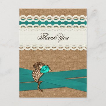 Teal Rustic burlap and lace country wedding Postcard