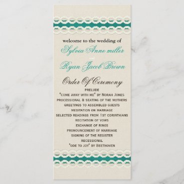 Teal Rustic burlap and lace country wedding Program