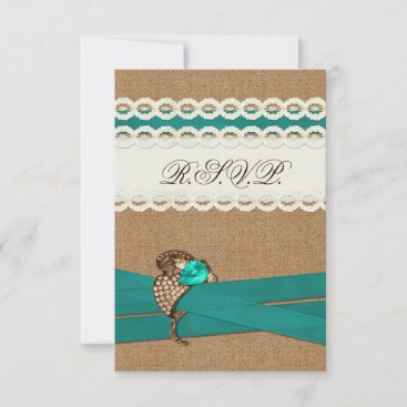 Teal Rustic burlap and lace country wedding RSVP Card