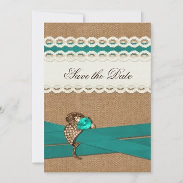 Teal Rustic burlap and lace country wedding Save The Date