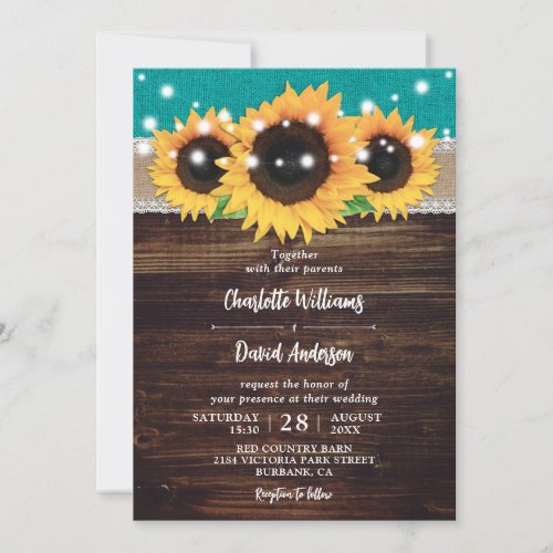 Teal Rustic Burlap and Lace Sunflower Wedding Invitation