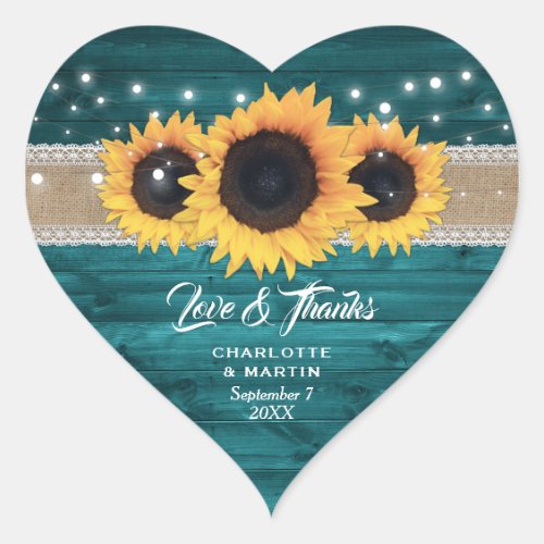 Teal Rustic Burlap Lace Sunflower Wedding Heart Sticker
