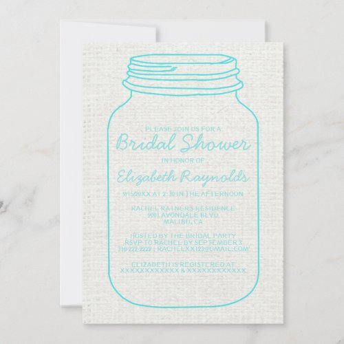 Teal Rustic Burlap Mason Jar Bridal Shower Invites
