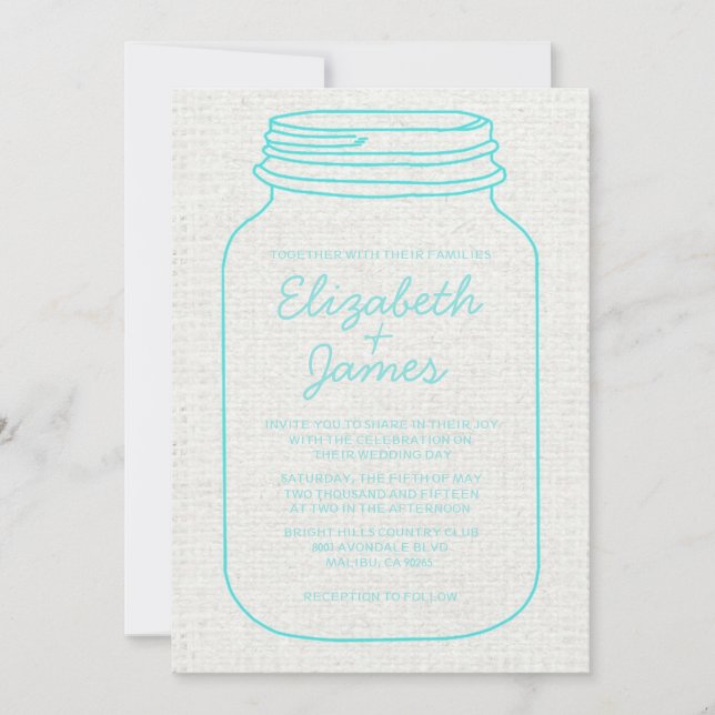 Teal Rustic Burlap Mason Jar Wedding Invitations (Front)