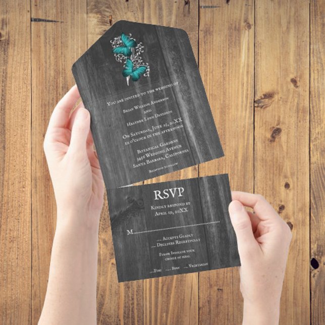 Teal Rustic Butterfly All in One Wedding Invite (Teal Rustic Butterfly All In One Wedding Invite)