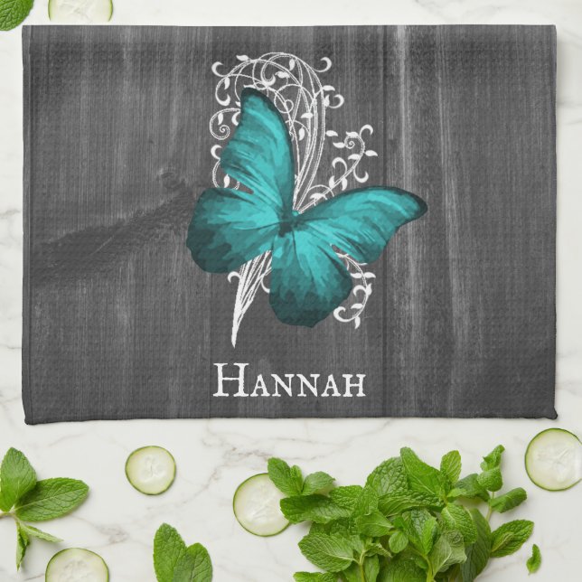 Teal Rustic Butterfly Kitchen Towel (Folded)