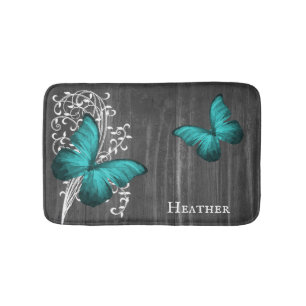 Teal Rustic Butterfly Personalized Bath Mat