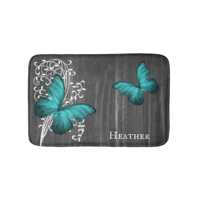 Teal Rustic Butterfly Personalized Bath Mat (Front)
