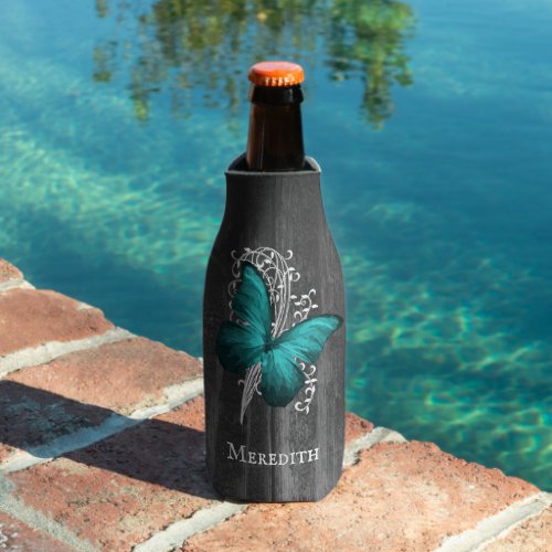 Teal Rustic Butterfly Personalized Bottle Cooler