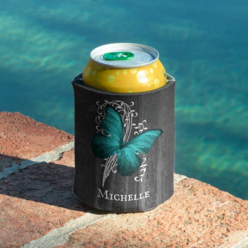 Teal Rustic Butterfly Personalized Can Cooler