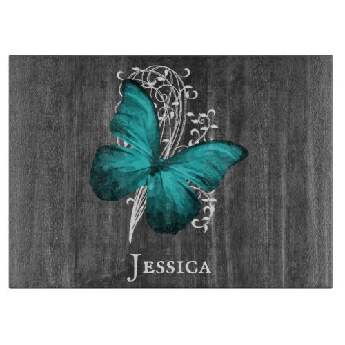 Teal Rustic Butterfly Personalized Cutting Board