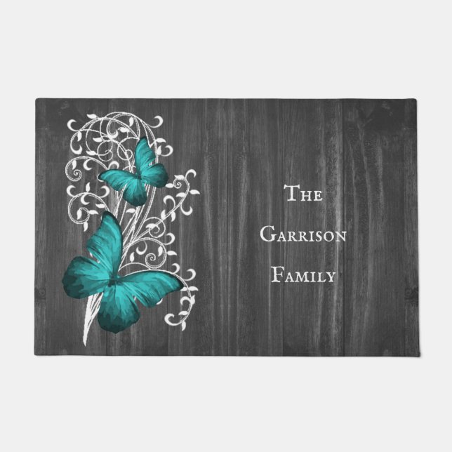 Teal Rustic Butterfly Personalized Doormat (Front)