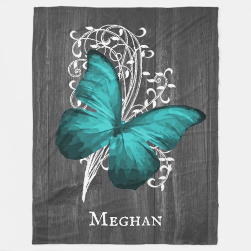 Teal Rustic Butterfly Personalized Fleece Blanket