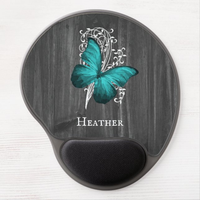 Teal Rustic Butterfly Personalized Gel Mouse Pad (Front)