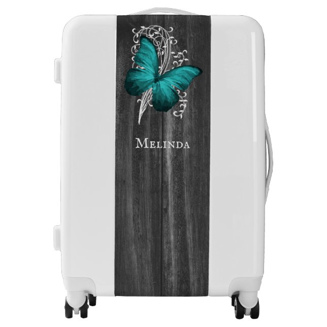 Teal Rustic Butterfly Personalized Luggage (Front)