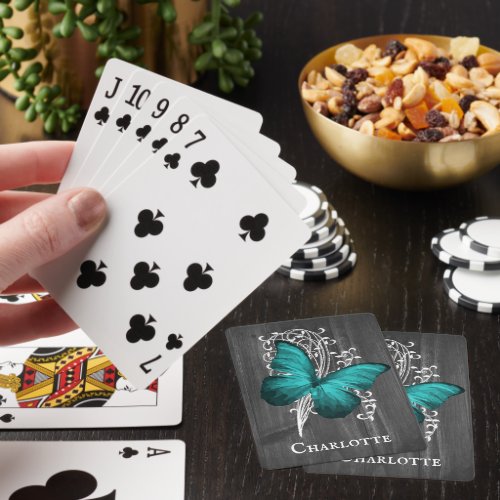 Teal Rustic Butterfly Personalized Playing Cards