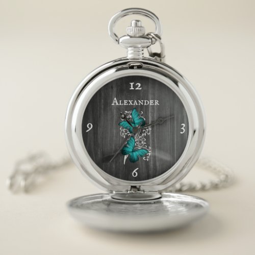 Teal Rustic Butterfly Personalized Pocket Watch