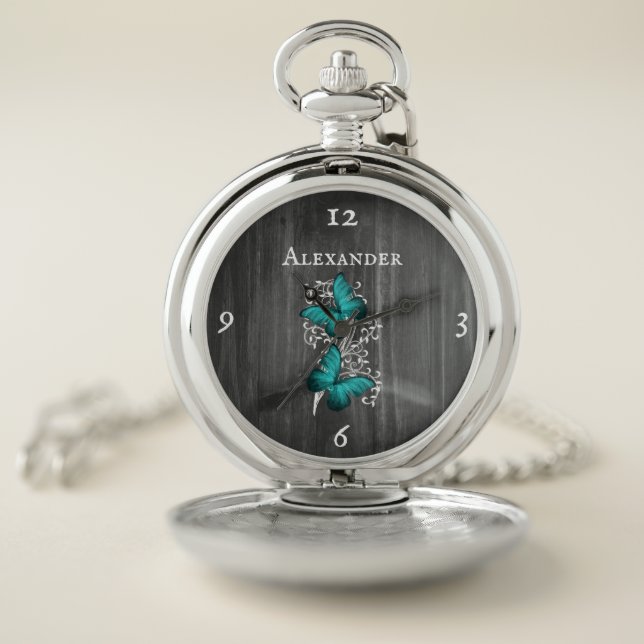 Teal Rustic Butterfly Personalized Pocket Watch (Inside)