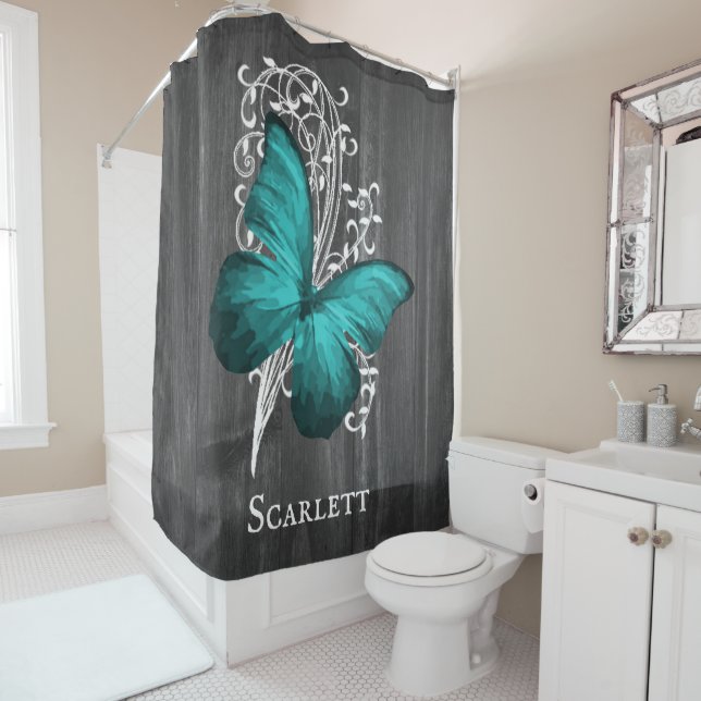 Teal Rustic Butterfly Personalized Shower Curtain (In Situ)
