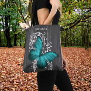 Teal Rustic Butterfly Personalized Tote Bag