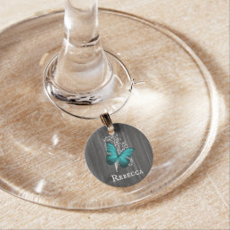 Teal Rustic Butterfly Personalized Wine Charm