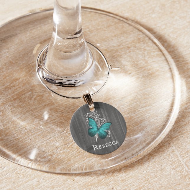 Teal Rustic Butterfly Personalized Wine Charm (In Situ)