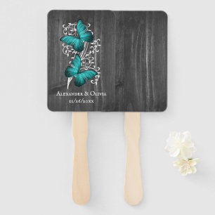 Teal Rustic Butterfly Wedding Favor Hand Fan
