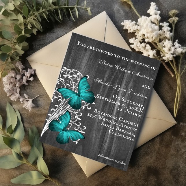Teal Rustic Butterfly Wedding Invitation (Teal Rustic Butterfly Wedding Invitation)