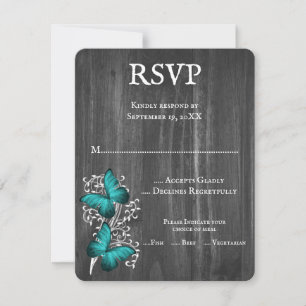 Teal Rustic Butterfly Wedding RSVP Card