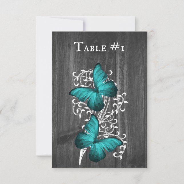 Teal Rustic Butterfly Wedding Table Card (Front)