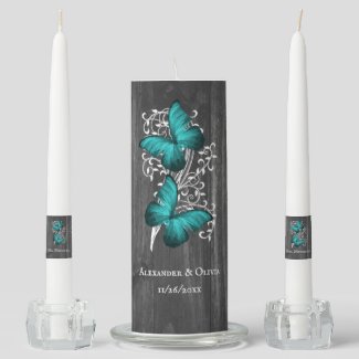 Teal Rustic Butterfly Wedding Unity Candle Set