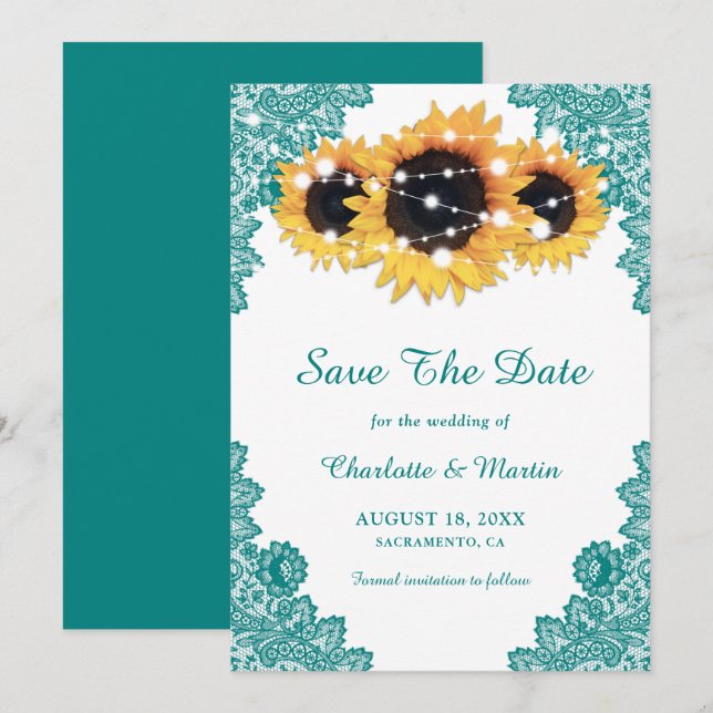 Teal Rustic Chic Lace Sunflower Save The Date (Front/Back)