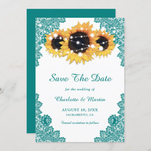 Teal Rustic Chic Lace Sunflower Save The Date