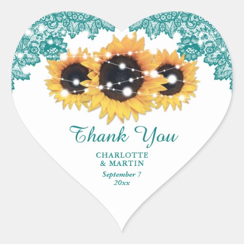 Teal Rustic Chic Lace Sunflower Wedding Heart Sticker