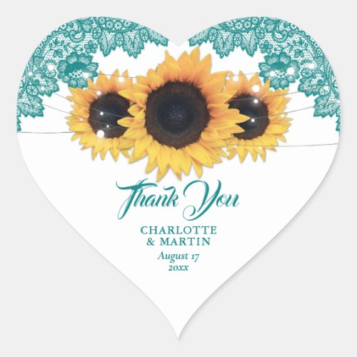 Teal Rustic Chic Lace Sunflower Wedding Heart Sticker
