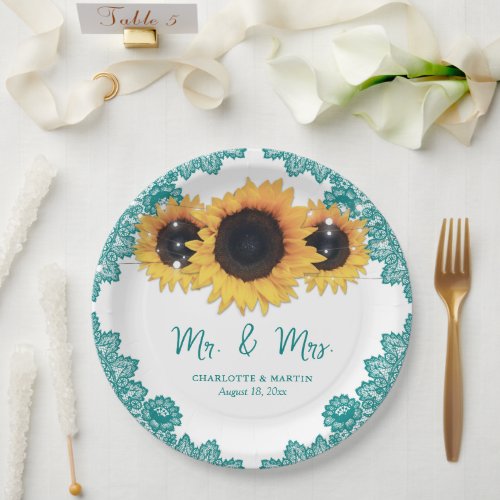 Teal Rustic Chic Lace Sunflower Wedding Paper Plates