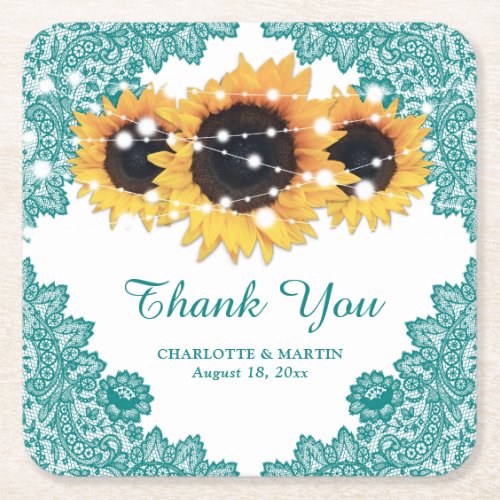 Teal Rustic Chic Lace Sunflower Wedding Square Paper Coaster