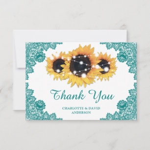 Teal Rustic Chic Lace Sunflower Wedding Thank You Card