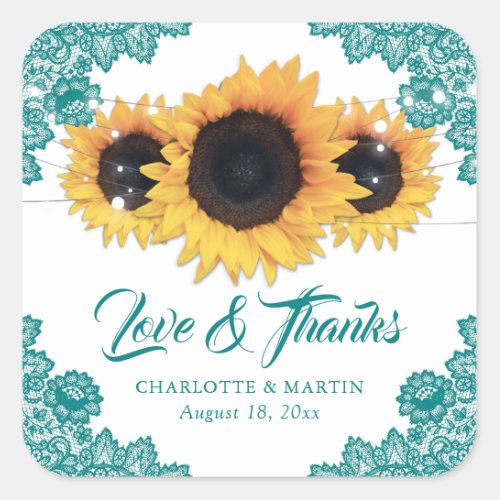 Teal Rustic Chic Sunflower Wedding Thank You Square Sticker