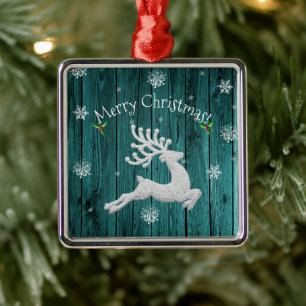 Teal Rustic Christmas Reindeer Ceramic Ornament