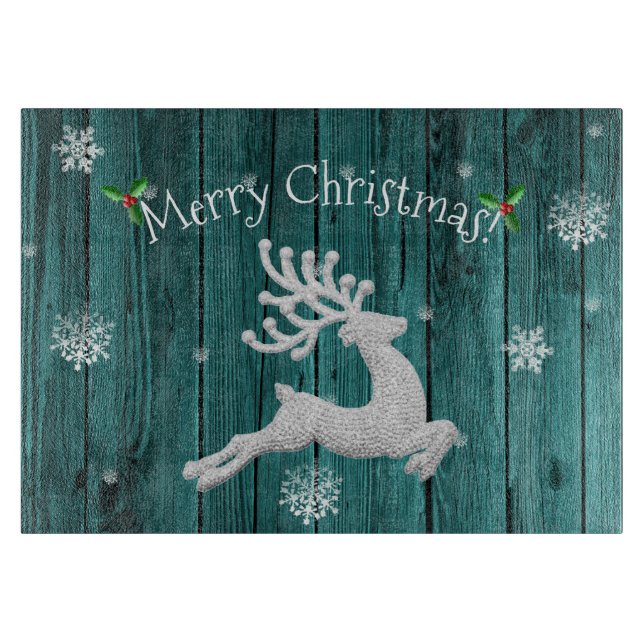 Teal Rustic Christmas Reindeer Cutting Board (Front)