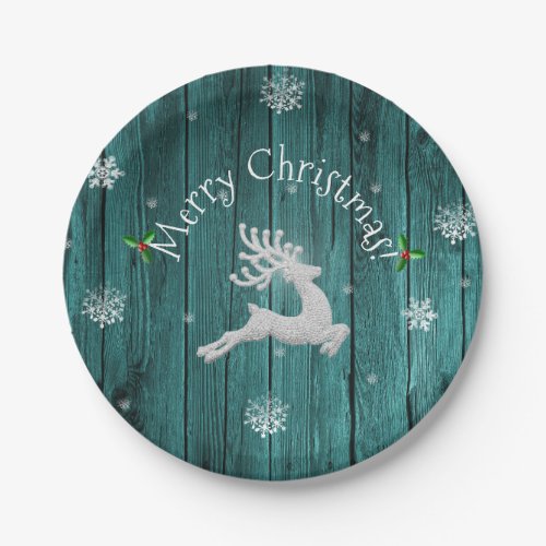 Teal Rustic Christmas Reindeer Paper Plate