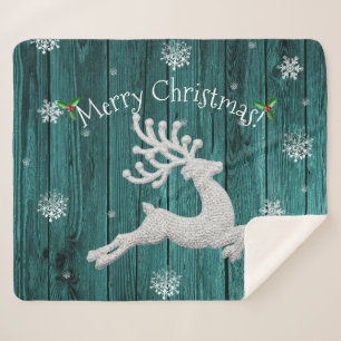 Teal Rustic Christmas Reindeer Sherpa Blanket